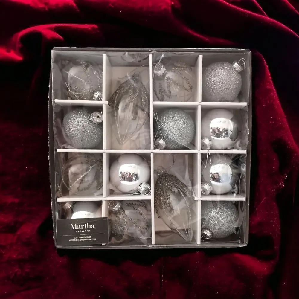 14 Martha Stewart Silver Glass Ornament Set Christmas Beaded‎ Glittery Bedford
